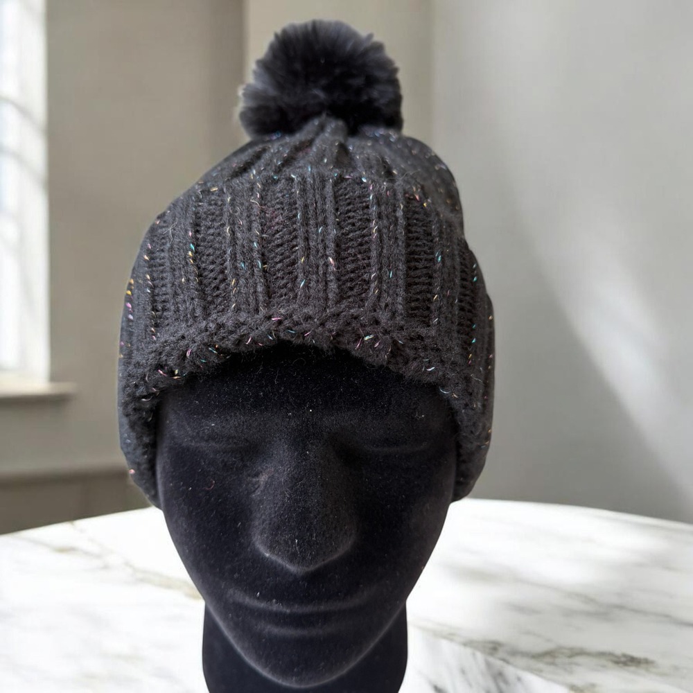 BP Black Metallic Pom Beanie Cozy Winter Streetwear‎ Y2K Sparkle Festival Hat